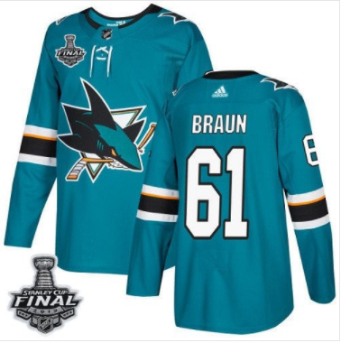 Justin Braun Sharks Teal Heim Blau 2019 Stanley Cup Final Stitched